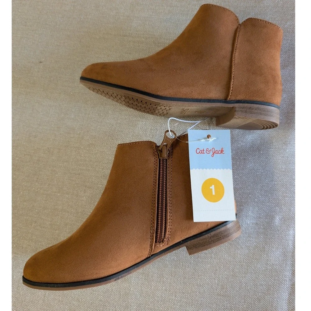 Cat & Jack Ankle Boots Kids Size 1 Cognac NWT Faux Suede Side Zip Opal Booties